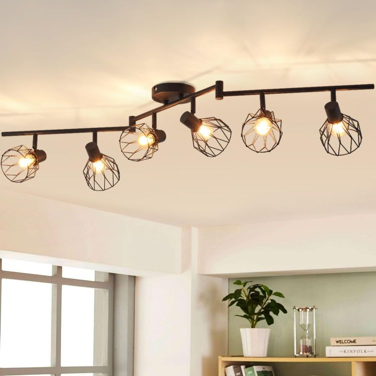 Picture of 4-Way Black Industrial Ceiling Lights – Adjustable Spotlight Design with Wire Cage & E14 Base, Perfect for Kitchens, Living Rooms, and Modern Industrial Décor (Bulbs Not Included)