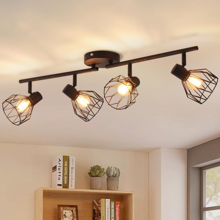 Picture of 4-Way Black Industrial Ceiling Lights – Adjustable Spotlight Design with Wire Cage & E14 Base, Perfect for Kitchens, Living Rooms, and Modern Industrial Décor (Bulbs Not Included)