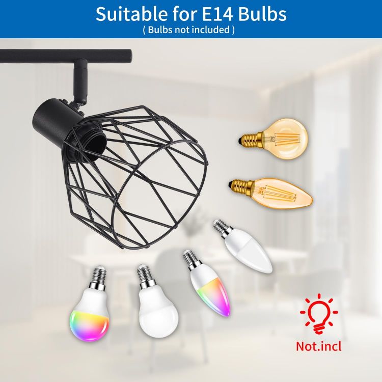 Picture of 4-Way Black Industrial Ceiling Lights – Adjustable Spotlight Design with Wire Cage & E14 Base, Perfect for Kitchens, Living Rooms, and Modern Industrial Décor (Bulbs Not Included)