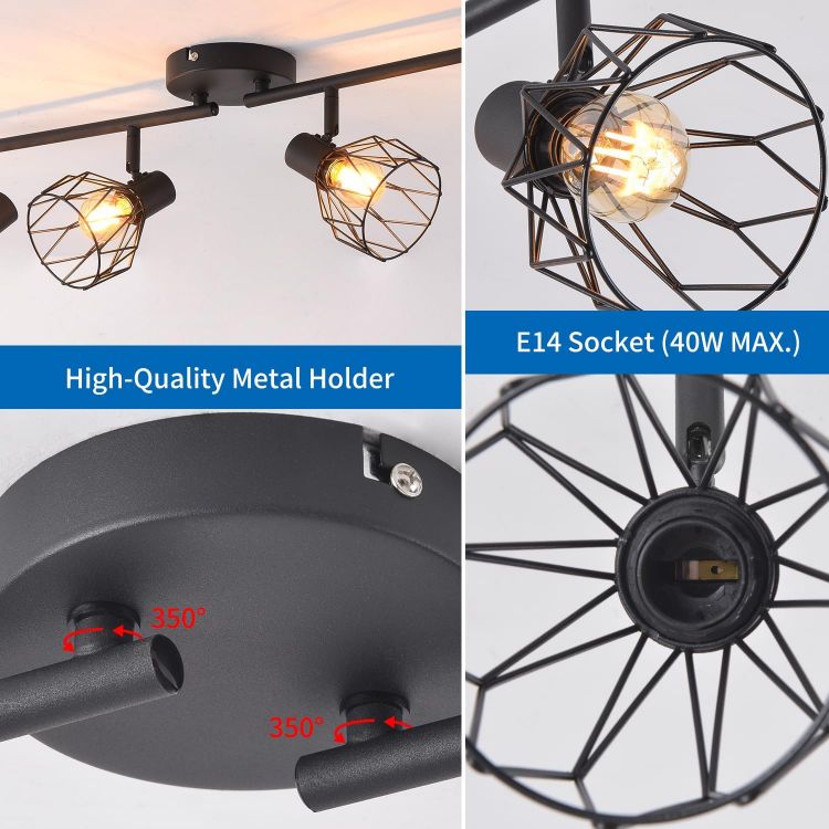 Picture of 4-Way Black Industrial Ceiling Lights – Adjustable Spotlight Design with Wire Cage & E14 Base, Perfect for Kitchens, Living Rooms, and Modern Industrial Décor (Bulbs Not Included)