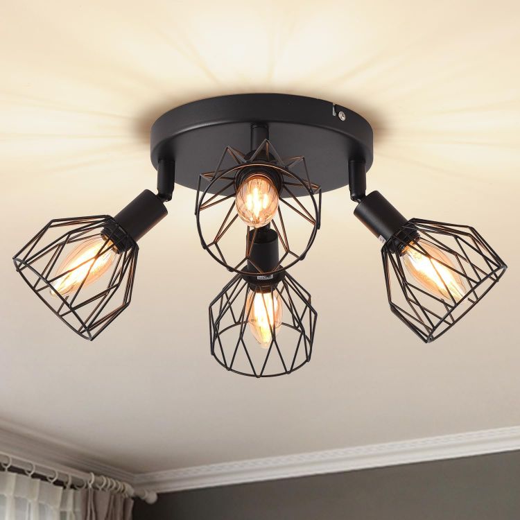 Picture of 4-Way Black Industrial Ceiling Lights – Adjustable Spotlight Design with Wire Cage & E14 Base, Perfect for Kitchens, Living Rooms, and Modern Industrial Décor (Bulbs Not Included)