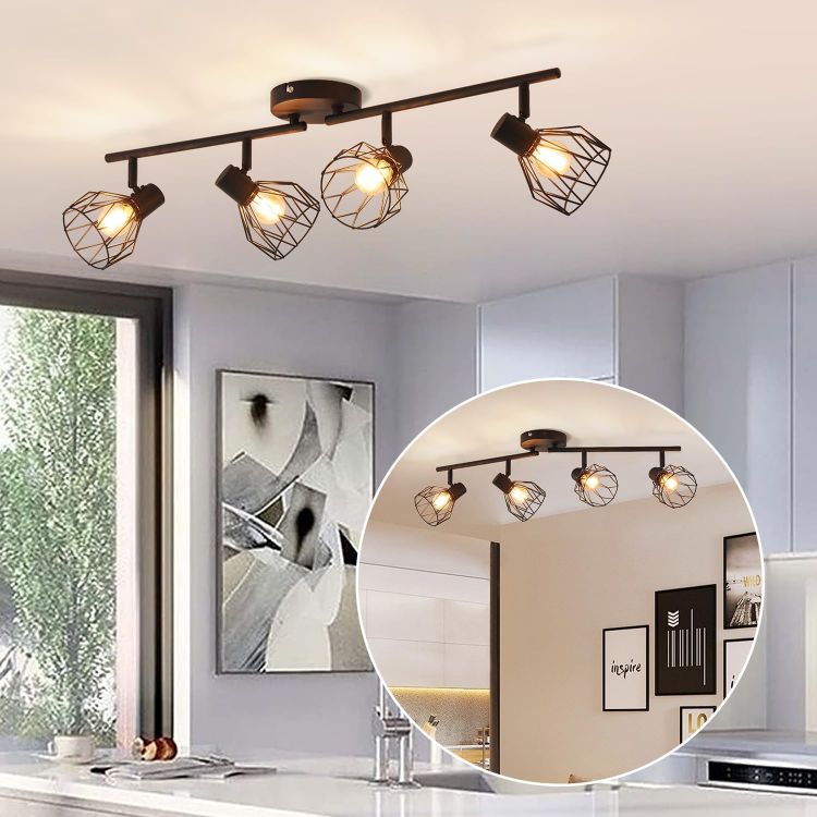 Picture of 4-Way Black Industrial Ceiling Lights – Adjustable Spotlight Design with Wire Cage & E14 Base, Perfect for Kitchens, Living Rooms, and Modern Industrial Décor (Bulbs Not Included)