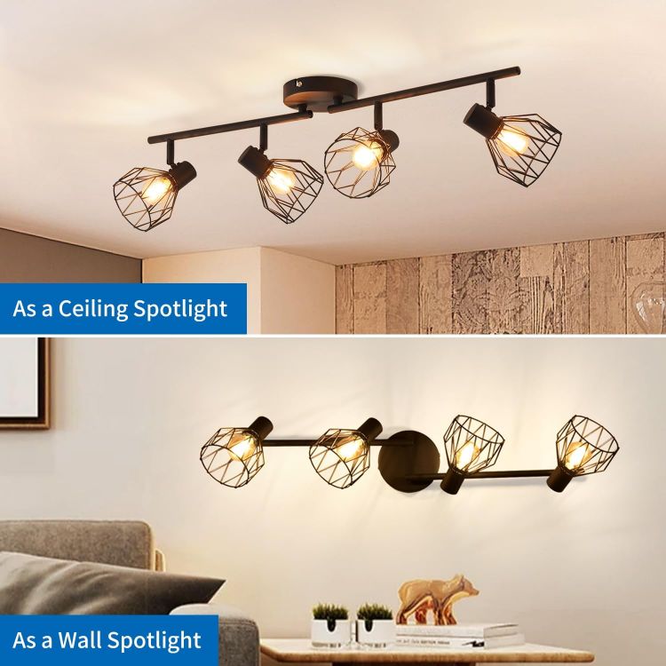 Picture of 4-Way Black Industrial Ceiling Lights – Adjustable Spotlight Design with Wire Cage & E14 Base, Perfect for Kitchens, Living Rooms, and Modern Industrial Décor (Bulbs Not Included)