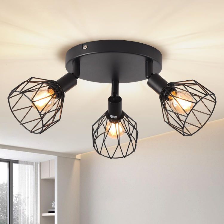 Picture of 4-Way Black Industrial Ceiling Lights – Adjustable Spotlight Design with Wire Cage & E14 Base, Perfect for Kitchens, Living Rooms, and Modern Industrial Décor (Bulbs Not Included)