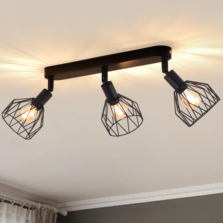 Picture of 4-Way Black Industrial Ceiling Lights – Adjustable Spotlight Design with Wire Cage & E14 Base, Perfect for Kitchens, Living Rooms, and Modern Industrial Décor (Bulbs Not Included)