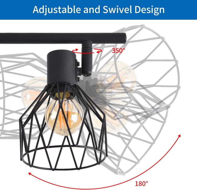 Picture of 4-Way Black Industrial Ceiling Lights – Adjustable Spotlight Design with Wire Cage & E14 Base, Perfect for Kitchens, Living Rooms, and Modern Industrial Décor (Bulbs Not Included)