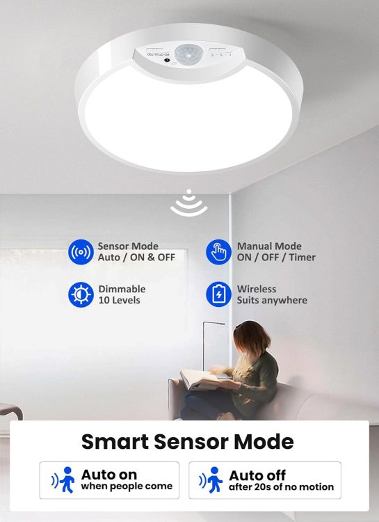 Picture of Rechargeable Motion Sensor Ceiling Light – 7.5 Inch 400LM Wireless Light with Remote, Perfect for Bathrooms, Garages, Sheds, Hallways & Outdoor Use