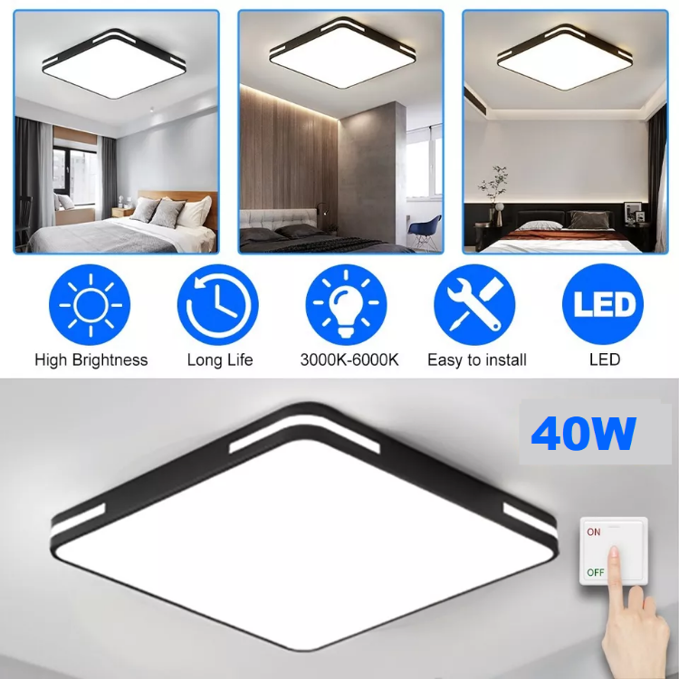 Picture of 40W LED Ceiling Light, Bathroom Lights Ceiling 3000K/4000K/6500K, 50CM Waterproof Square Black Flush Ceiling Light for Living Room