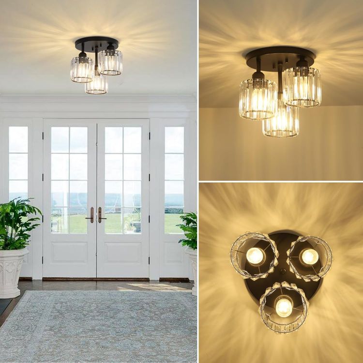 Picture of Modern Crystal Chandelier Ceiling Light – 3-Light Black Semi-Flush Fixture for Living Rooms, Hallways, Bedrooms, and More