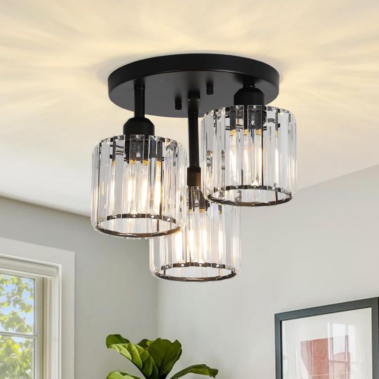 Picture of Modern Crystal Chandelier Ceiling Light – 3-Light Black Semi-Flush Fixture for Living Rooms, Hallways, Bedrooms, and More