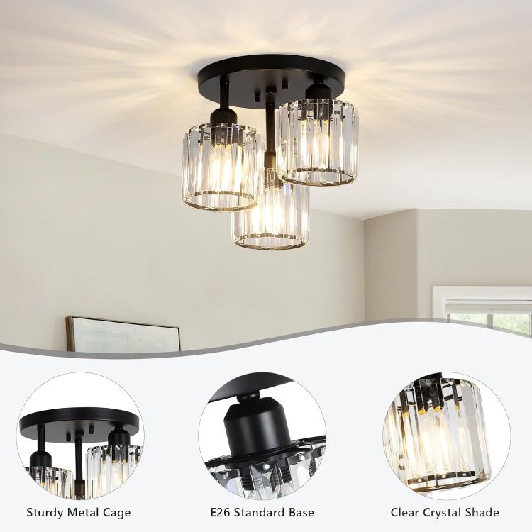 Picture of Modern Crystal Chandelier Ceiling Light – 3-Light Black Semi-Flush Fixture for Living Rooms, Hallways, Bedrooms, and More