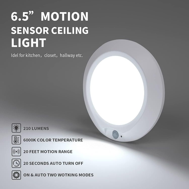 Picture of Battery-Operated Motion Sensor Ceiling Light – 6.5" Wireless LED Light, 210LM Cool White for Shed, Loft, Porch, Garage, Toilet, Stair, Hallway & Cupboard