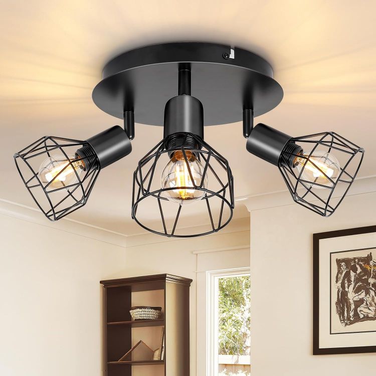 Picture of Adjustable Industrial 3-Way Ceiling Spotlight – Black Metal Wire Cage Light with E14 Base for Home & Shop