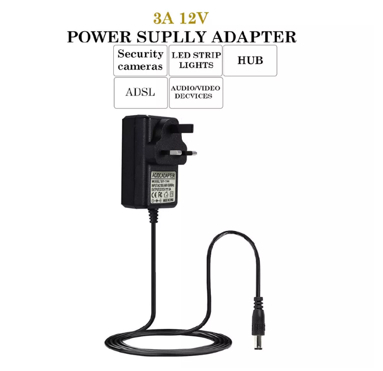 Picture of 12V 1A/2A/3A AC/DC Power Supply Adapter Safe Charger for LED Strips, CCTV Cameras & More