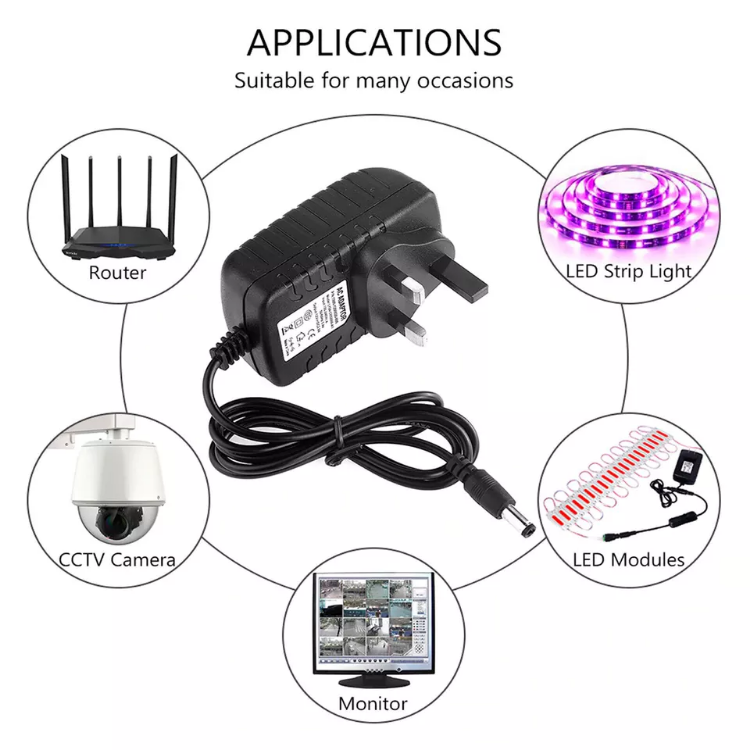 Picture of 12V 1A/2A/3A AC/DC Power Supply Adapter Safe Charger for LED Strips, CCTV Cameras & More