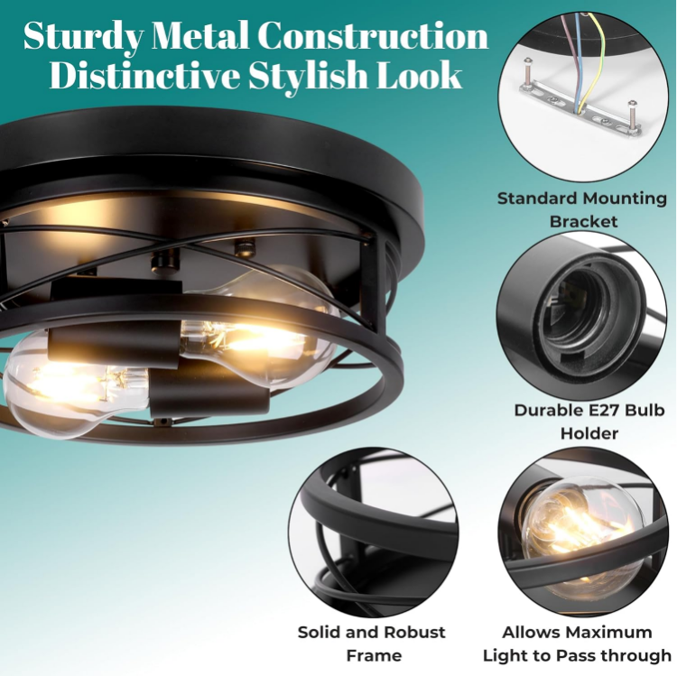 Picture of Modern Round Black Ceiling Light – 2-Way E27 Flush Mount Fixture for Living Room, Bedroom, Kitchen & Hallway