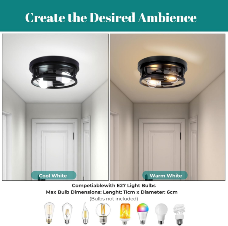 Picture of Modern Round Black Ceiling Light – 2-Way E27 Flush Mount Fixture for Living Room, Bedroom, Kitchen & Hallway