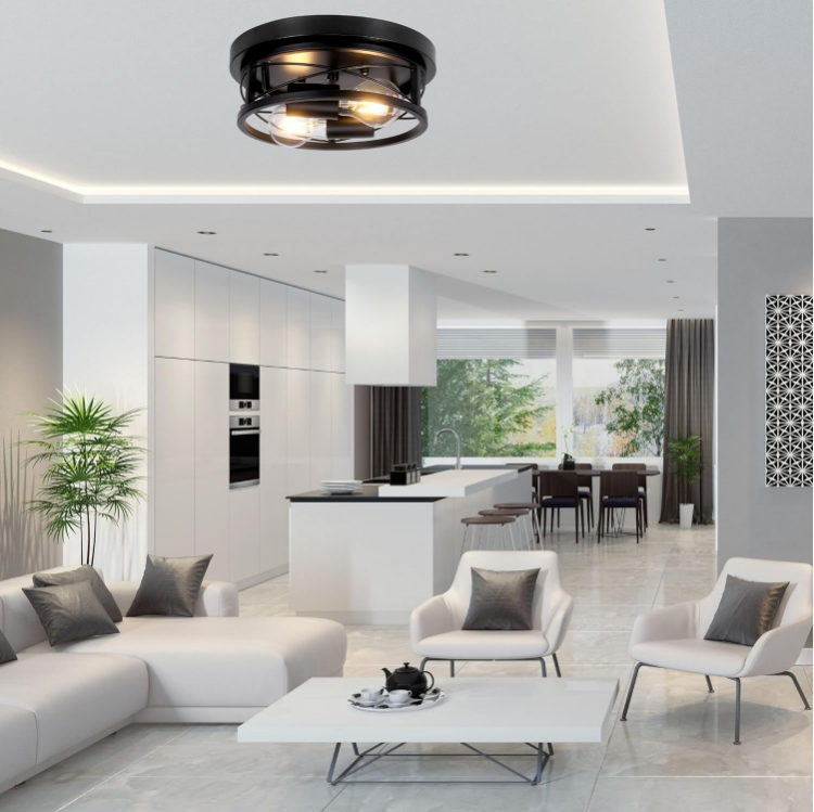 Picture of Modern Round Black Ceiling Light – 2-Way E27 Flush Mount Fixture for Living Room, Bedroom, Kitchen & Hallway