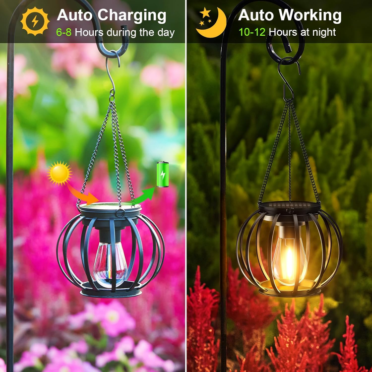 Picture of Waterproof Solar Lanterns Outdoor - Hanging Metal Solar Lights for Garden, Pathway & Patio - Auto On/Off, No Wiring Needed