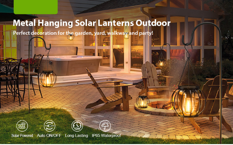 Picture of Waterproof Solar Lanterns Outdoor - Hanging Metal Solar Lights for Garden, Pathway & Patio - Auto On/Off, No Wiring Needed