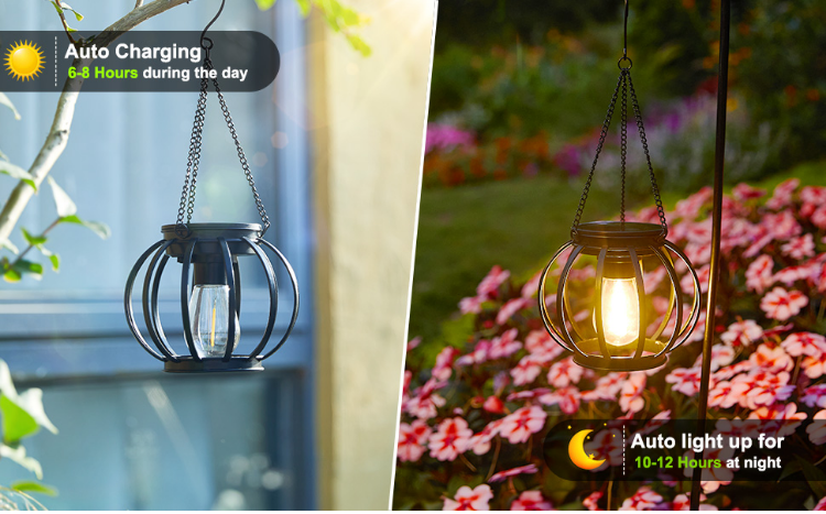 Picture of Waterproof Solar Lanterns Outdoor - Hanging Metal Solar Lights for Garden, Pathway & Patio - Auto On/Off, No Wiring Needed