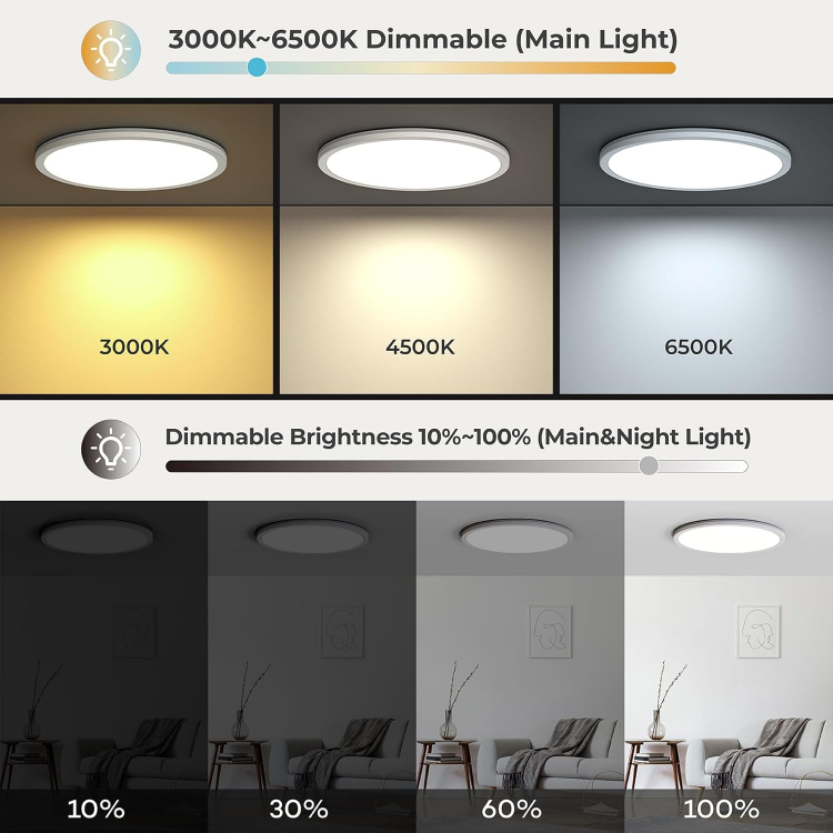 Picture of Dimmable LED Ceiling Light 24W with Remote Control – Adjustable Color Temperature (3000K-6500K) & Night Light Mode for Bedroom, Living Room, Kitchen