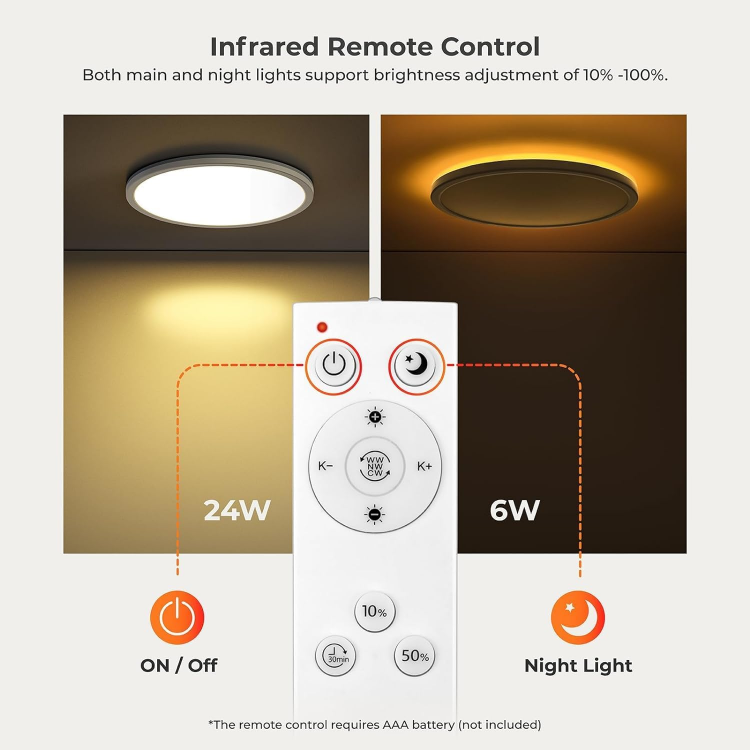 Picture of Dimmable LED Ceiling Light 24W with Remote Control – Adjustable Color Temperature (3000K-6500K) & Night Light Mode for Bedroom, Living Room, Kitchen