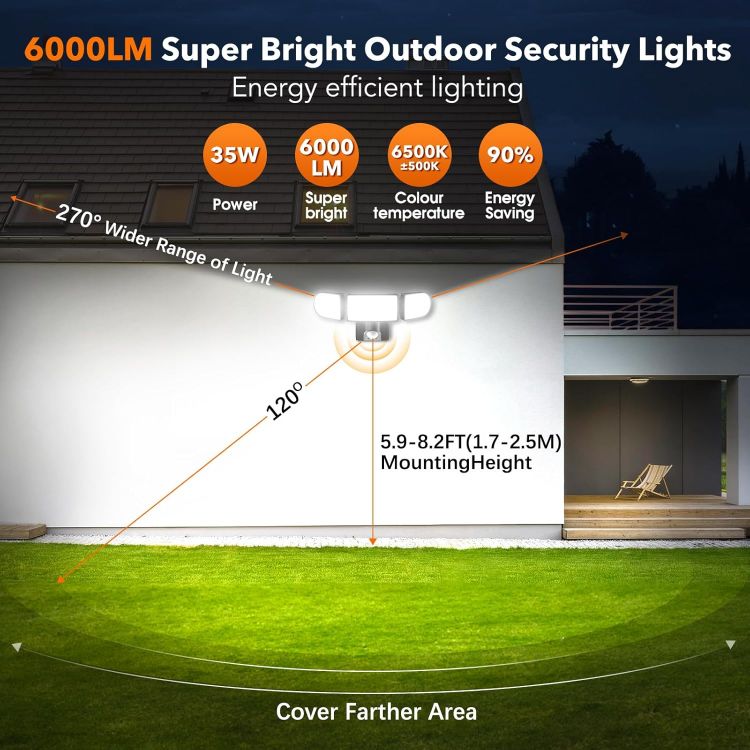 Picture of 35W Security Lights Outdoor – 6000LM LED Floodlights with PIR Motion Sensor, Remote Control, IP65 Waterproof, 3 Adjustable Heads for Garden, Garage, and Yard