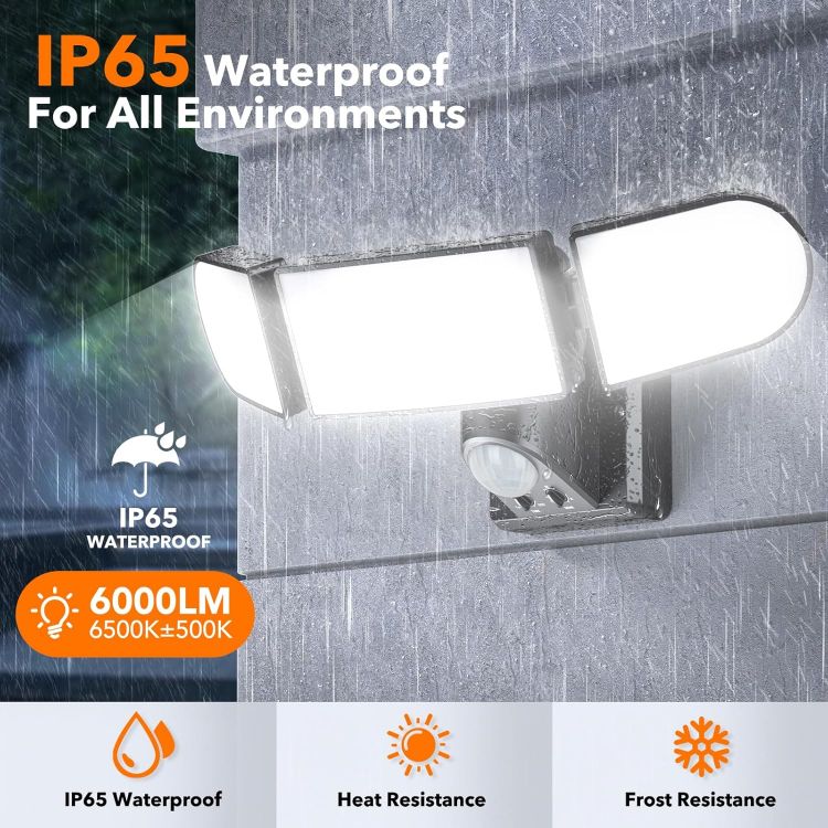 Picture of 35W Security Lights Outdoor – 6000LM LED Floodlights with PIR Motion Sensor, Remote Control, IP65 Waterproof, 3 Adjustable Heads for Garden, Garage, and Yard