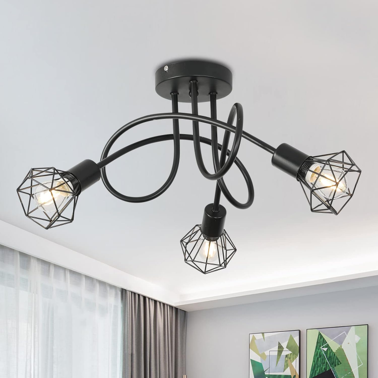 Picture of Industrial 3-Way Ceiling Light Chandelier – Retro Black Metal Caged Semi-Flush Mount Fixture with E14 Base for Bedroom, Living Room, Dining Room, Hallway (Bulbs Not Included)