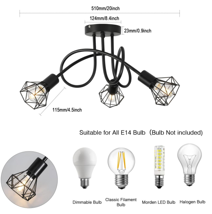 Picture of Industrial 3-Way Ceiling Light Chandelier – Retro Black Metal Caged Semi-Flush Mount Fixture with E14 Base for Bedroom, Living Room, Dining Room, Hallway (Bulbs Not Included)