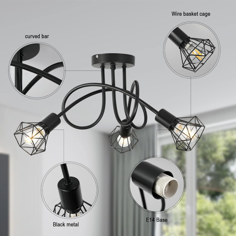 Picture of Industrial 3-Way Ceiling Light Chandelier – Retro Black Metal Caged Semi-Flush Mount Fixture with E14 Base for Bedroom, Living Room, Dining Room, Hallway (Bulbs Not Included)