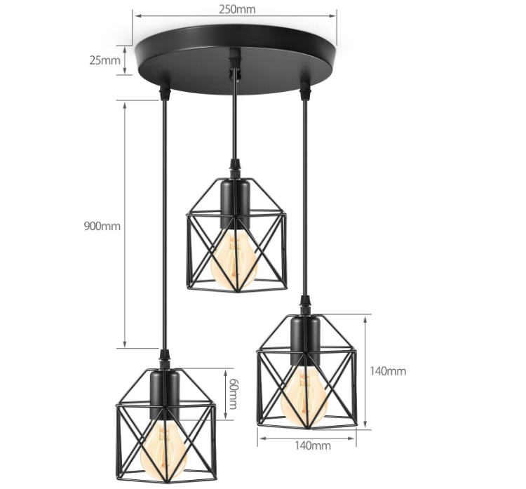 Picture of  3-Lights Pendant Lights, Industrial Hanging Lamp, E27 Base Rustic Ceiling Lights with Geometric Metal Cage Lampshade, Vintage Adjustable Pendant Light Fixture for Bedroom Kitchen Living Room