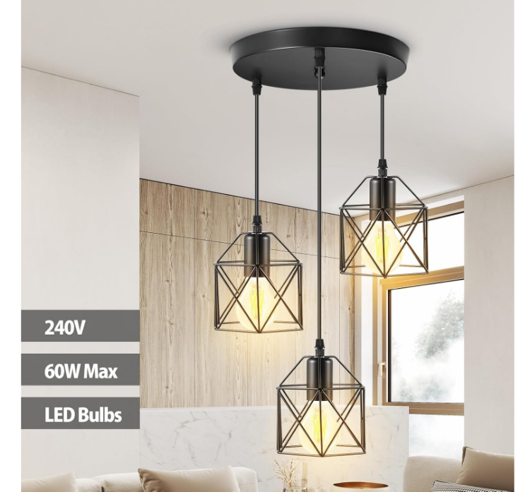 Picture of  3-Lights Pendant Lights, Industrial Hanging Lamp, E27 Base Rustic Ceiling Lights with Geometric Metal Cage Lampshade, Vintage Adjustable Pendant Light Fixture for Bedroom Kitchen Living Room