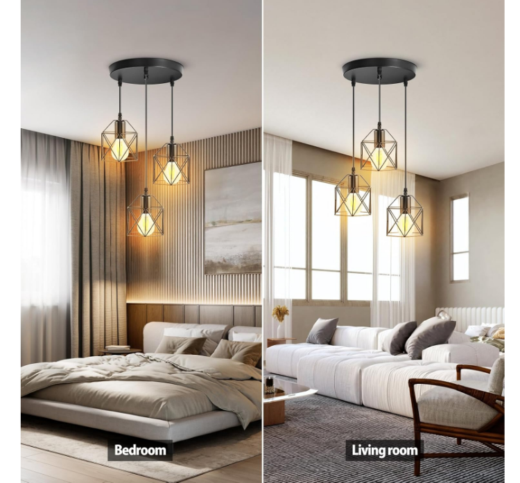 Picture of  3-Lights Pendant Lights, Industrial Hanging Lamp, E27 Base Rustic Ceiling Lights with Geometric Metal Cage Lampshade, Vintage Adjustable Pendant Light Fixture for Bedroom Kitchen Living Room