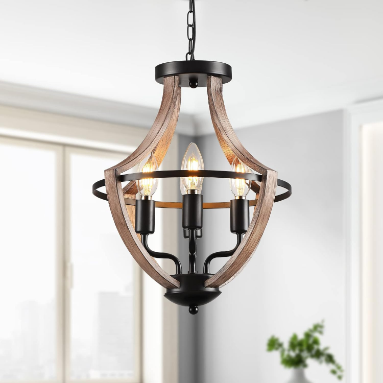 Picture of 4-Light Hanging Pendant Lighting 13.1" Retro Flush Mount Ceiling Light Fixture Rustic Vintage Wood Industrial Modern Black Metal for Living Room Bedroom Hallway Kitchen