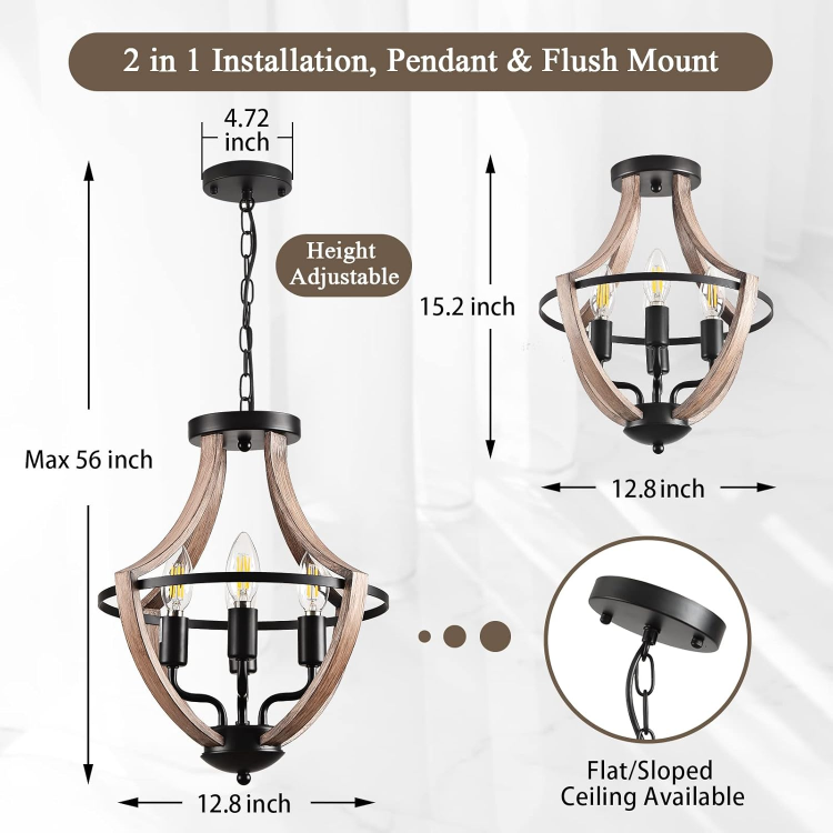 Picture of 4-Light Hanging Pendant Lighting 13.1" Retro Flush Mount Ceiling Light Fixture Rustic Vintage Wood Industrial Modern Black Metal for Living Room Bedroom Hallway Kitchen